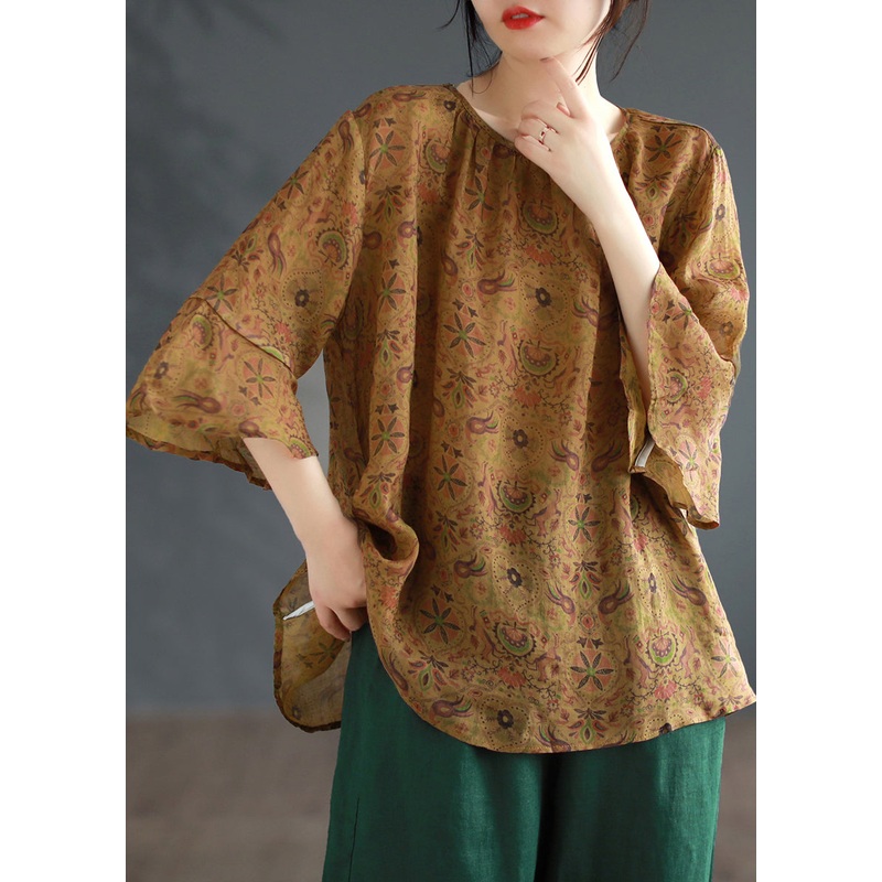 Yellow Patchwork Linen Shirts Top O Neck Bracelet Sleeve