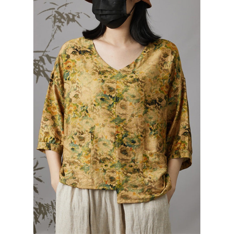Yellow Pockets Patchwork Cotton T Shirts Asymmetrical Half Sleeve