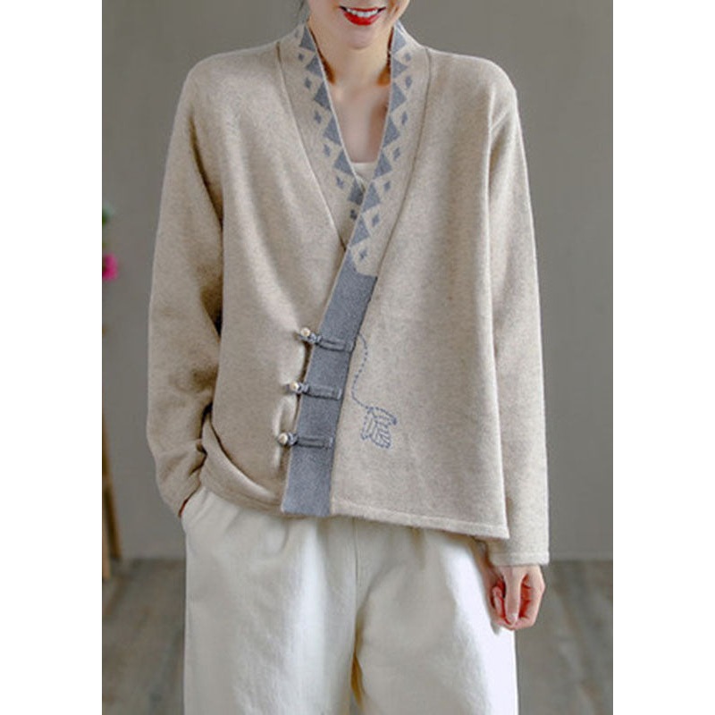 Art Beige V Neck Embroidered Asymmetrical Design Patchwork Fall Knit sweaters