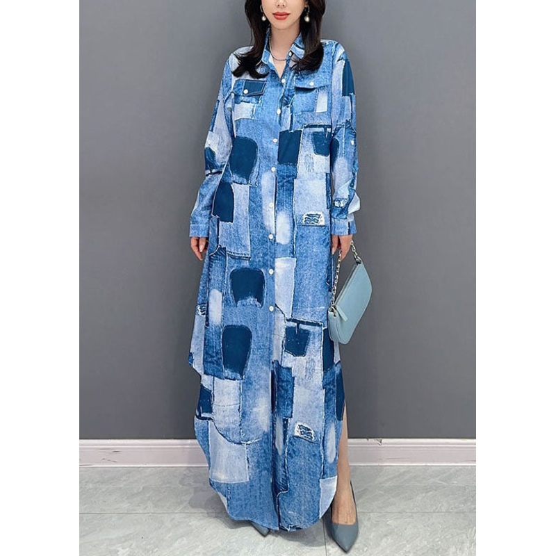 Art Blue Peter Pan Collar Patchwork Button Long Shirts Dress Long Sleeve