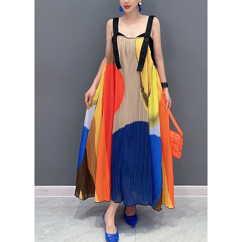 Beautiful Colorblock Slash Neck Wrinkled Maxi Dress Sleeveless