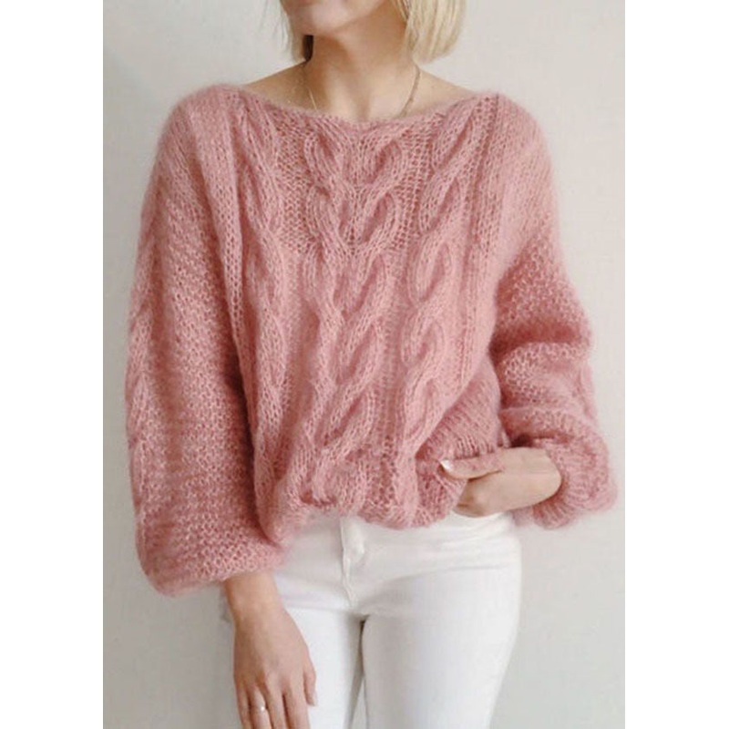 Beautiful Pink Slash Neck Hollow Out Knit Sweaters Winter