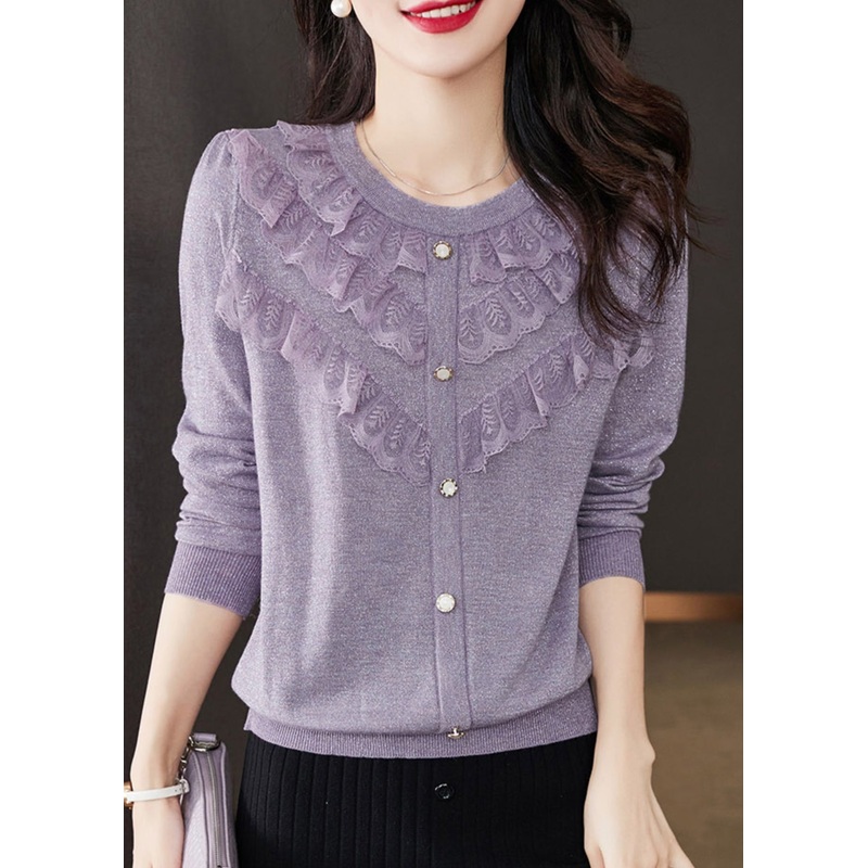 Beautiful Purple O Neck Ruffled Patchwork Knit Tops Fall