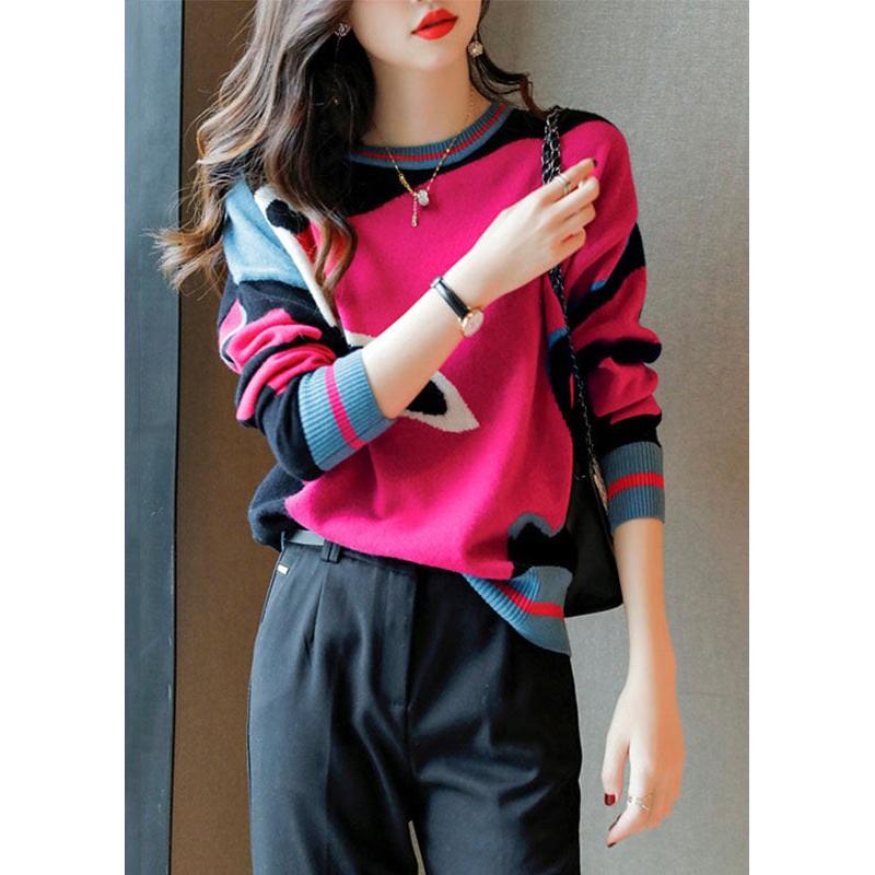 Beautiful Rose O Neck Patchwork Cozy Wool Knit Sweaters Long Sleeve