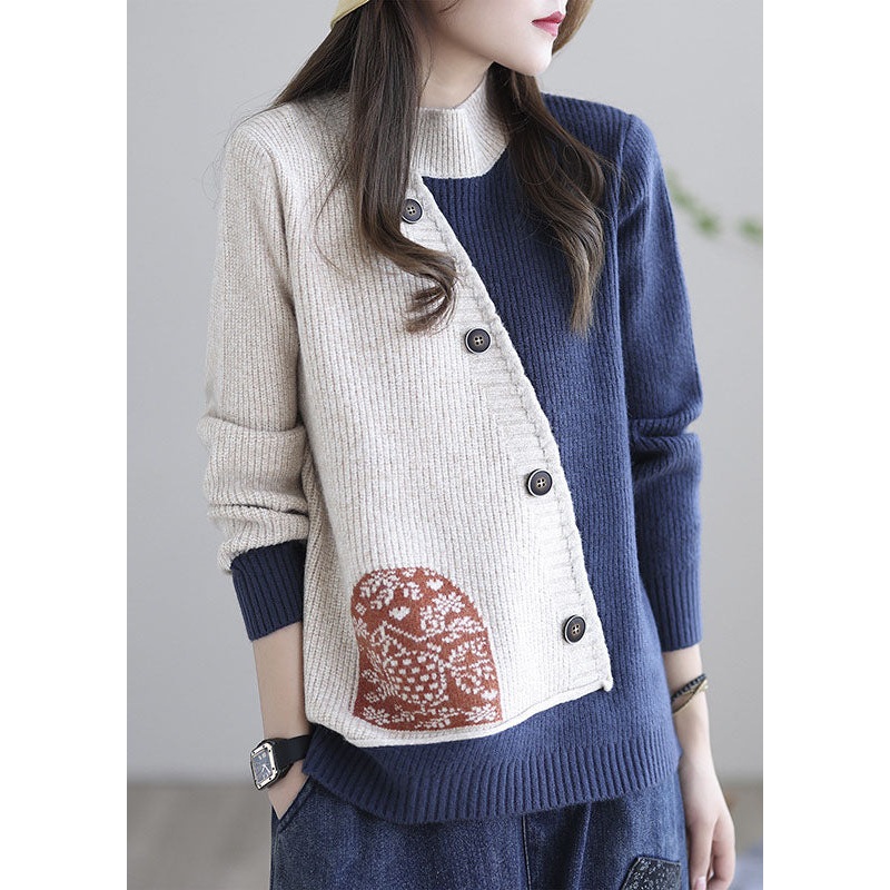 Beige Blue Print Loose Fall Knitted Sweater Tops