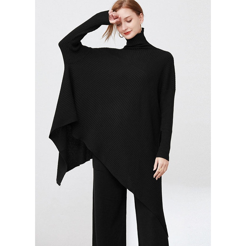 Black Oversized Wool Sweaters Asymmetrical Design Long Sleeve