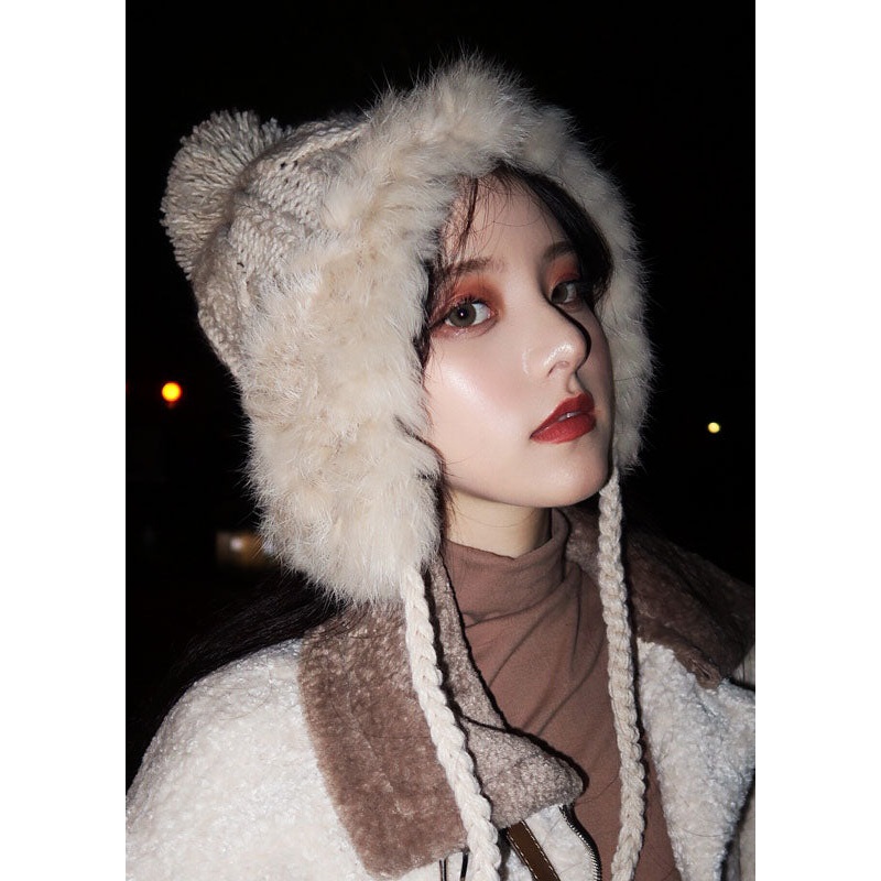 Boho Beige Rabbit Hair Patchwork Knitted Cotton Hat