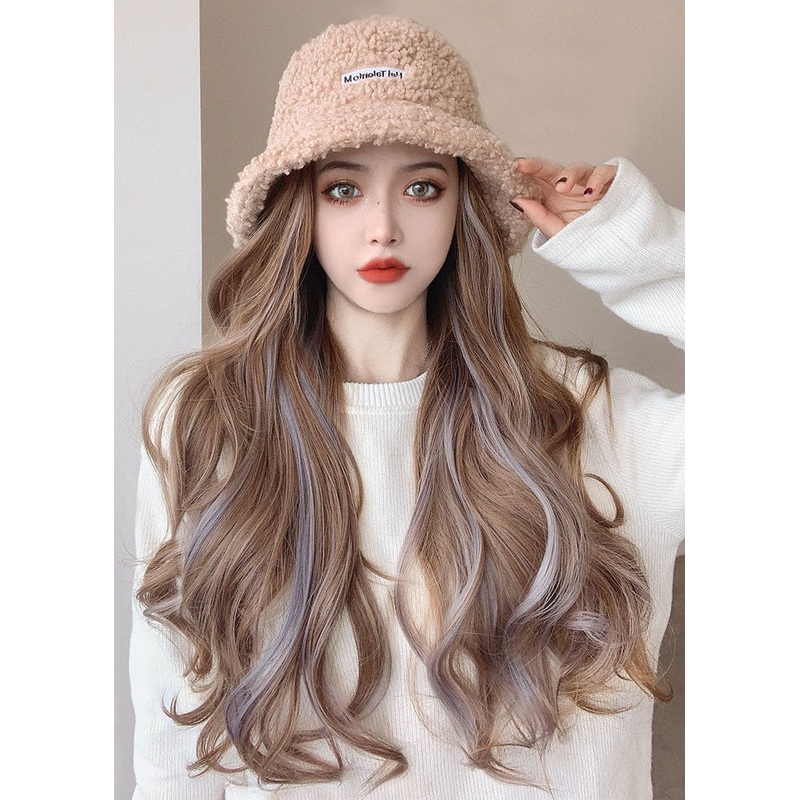 Boho Khaki Faux Fur Wig One Piece Bucket Hat