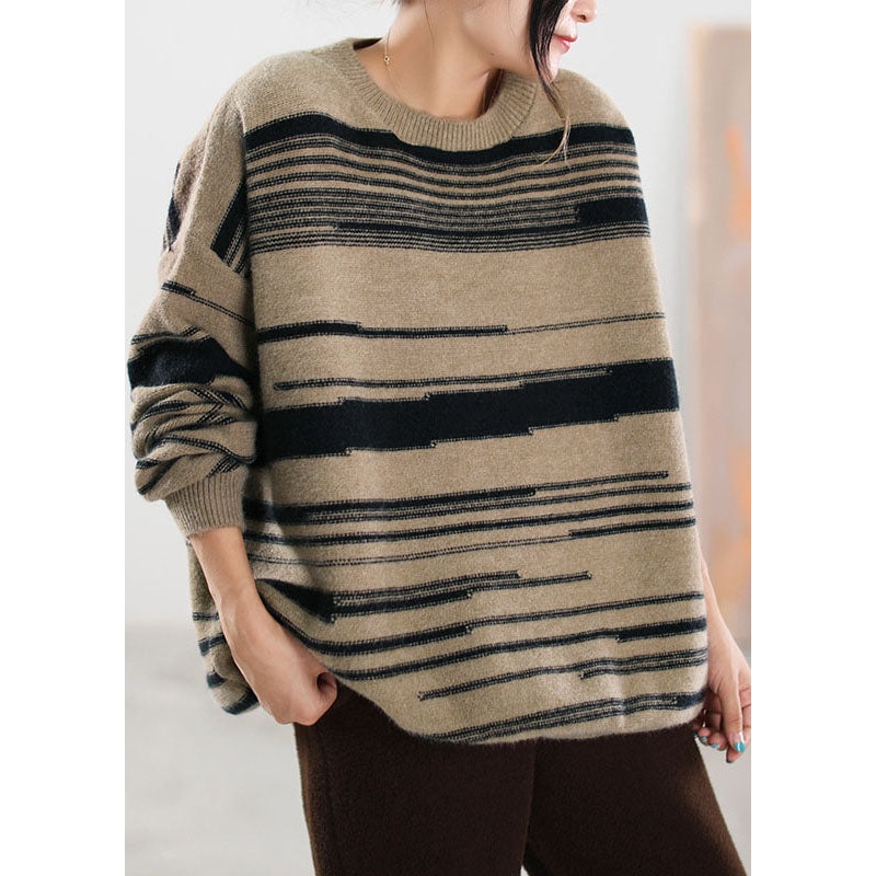 Boutique Khaki Striped Knit Sweater Tops Winter