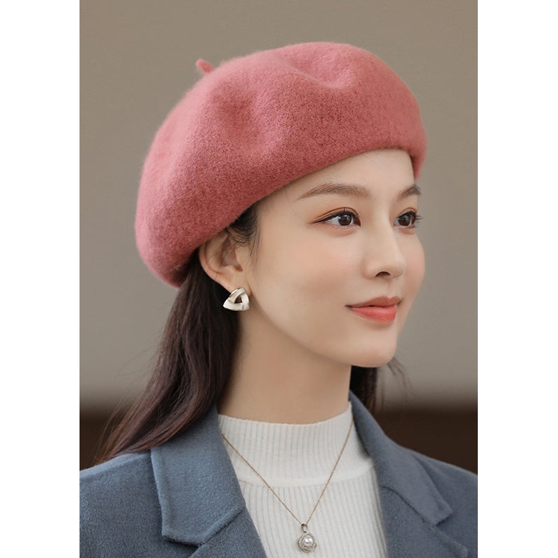 Boutique Versatile Pink Woolen Beret Hat