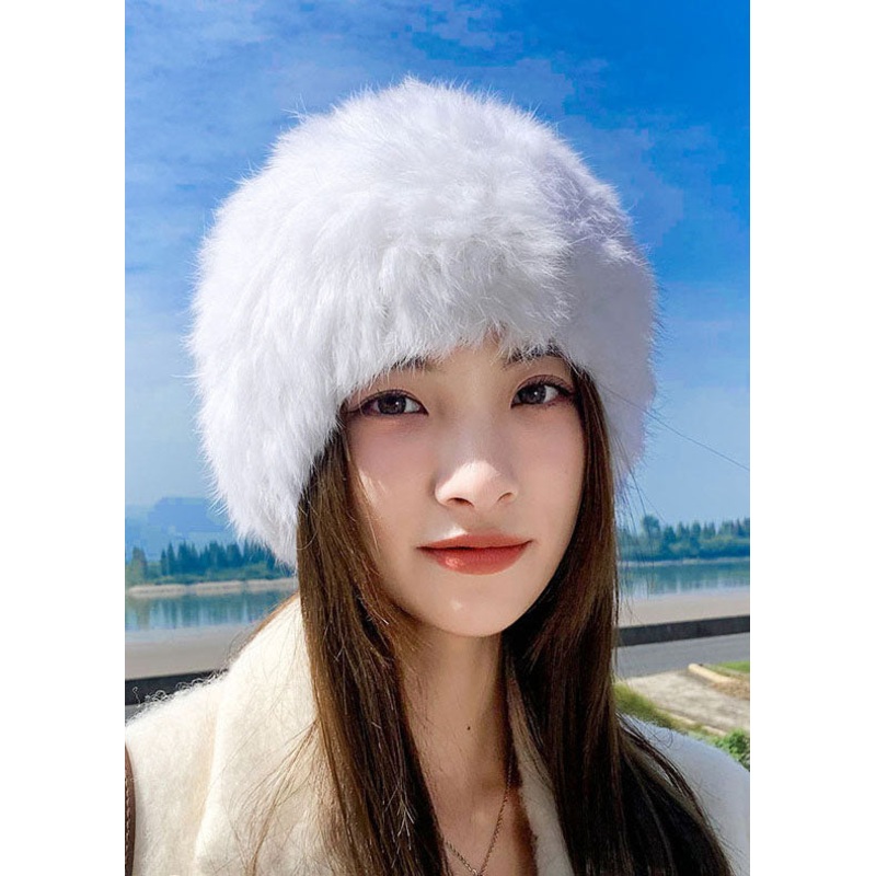 Brief White Leather And Fur Knitted Cotton Bonnie Hat