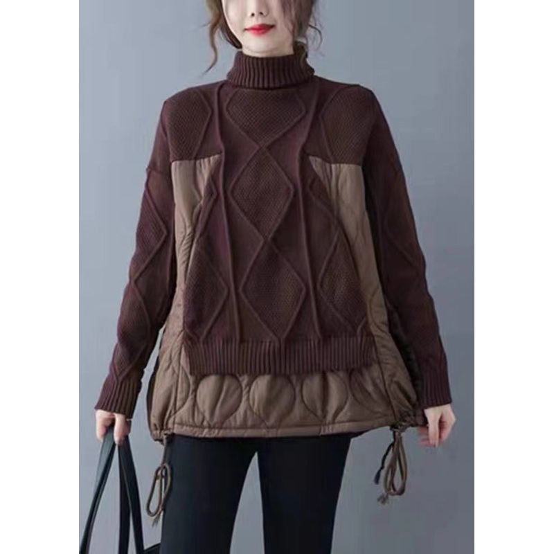 Brown Spring Patchwork Loose Knit Dress Sweater