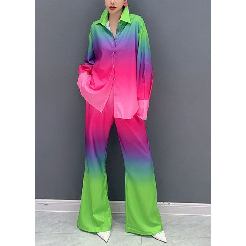 Casual Gradient Color Button Shirts And Wide Leg Pants Two Piece Set Long Sleeve