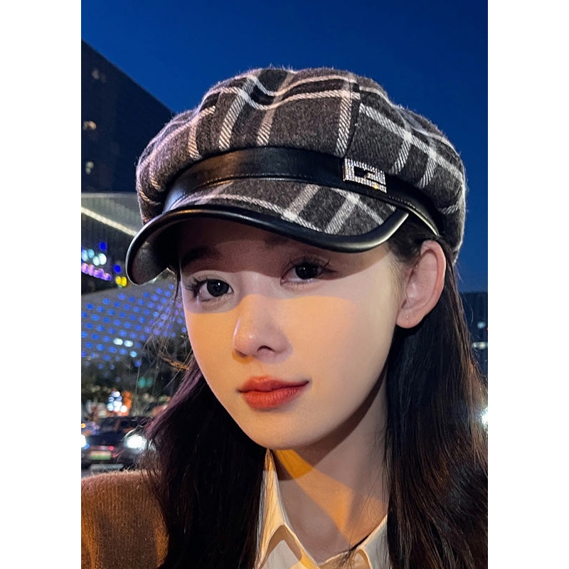 Chic Black Plaid Zircon Patchwork Woolen Beret Hat