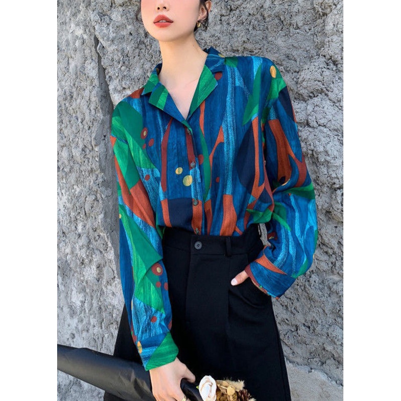 Chic Blue Peter Pan Collar Print Button Cotton Blouses Fall