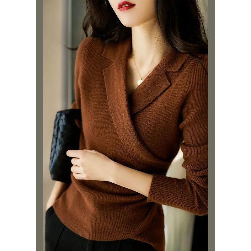 Chic Caramel Peter Pan Collar Asymmetrical Design Slim Fit Fall Sweater