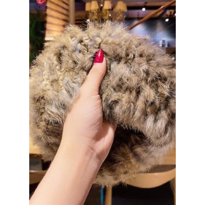 Chic Mocha Warm Fleece Leather And Fur Knitted Cotton Bonnie Hat