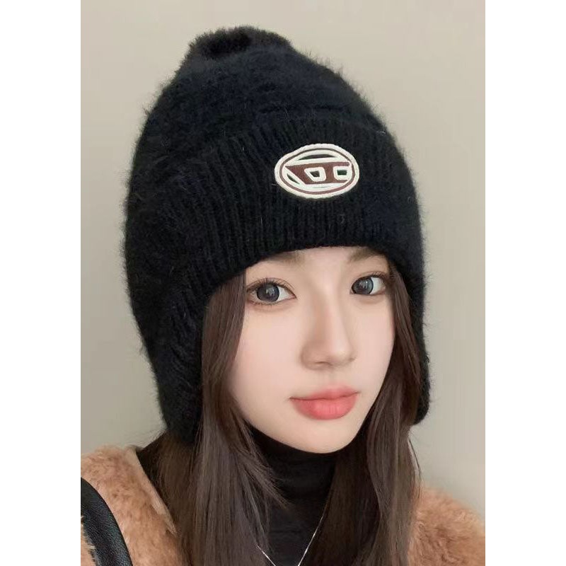 Classy Black Print Warm Fleece Knitted Cotton Bonnie Hat