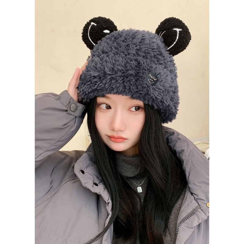 Cute Dark Grey Rabbit Ears Warm Fleece Knitted Cotton Bonnie Hat