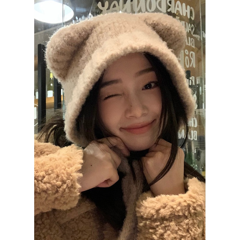 Cute Little Bear Beige Warm Ear Protection Knitted Woolen Hat