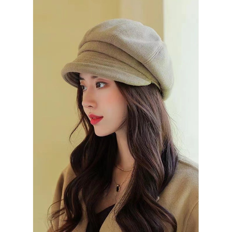 Cute Style Khaki Wrinkled Patchwork Beret Hat