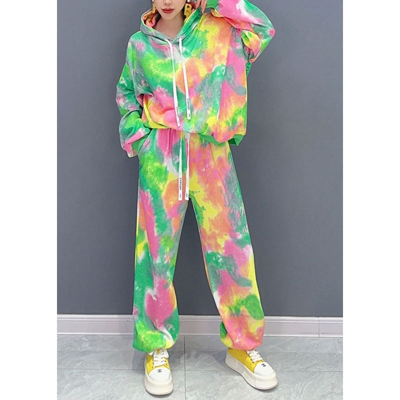 DIY Green Print Hooded Coats And Lantern Pants Two Piece Set Long Sleeve