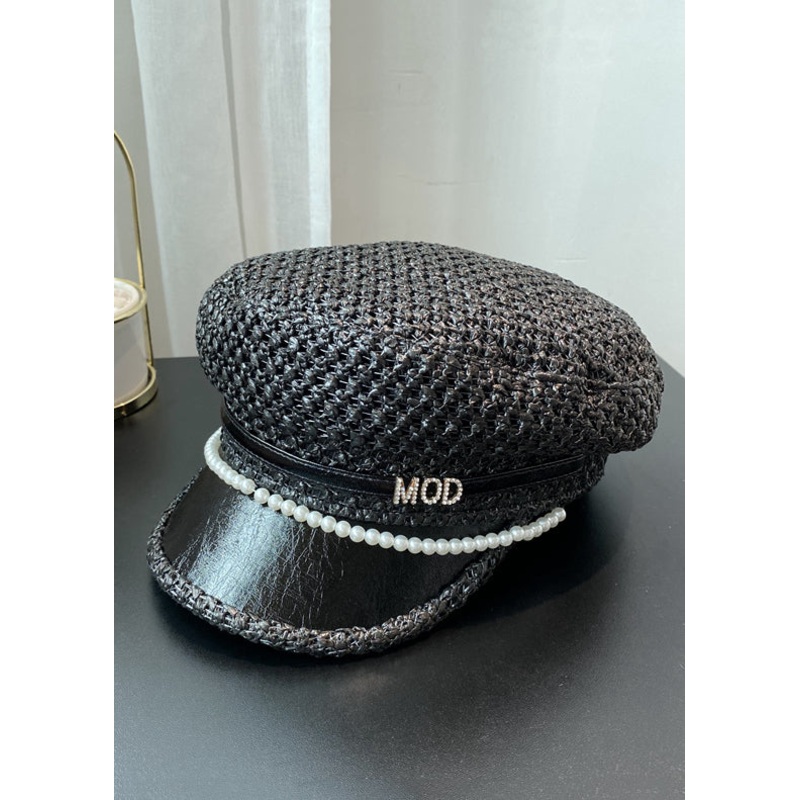 Elegant Black Zircon Nail Bead Straw Woven Beret Hat