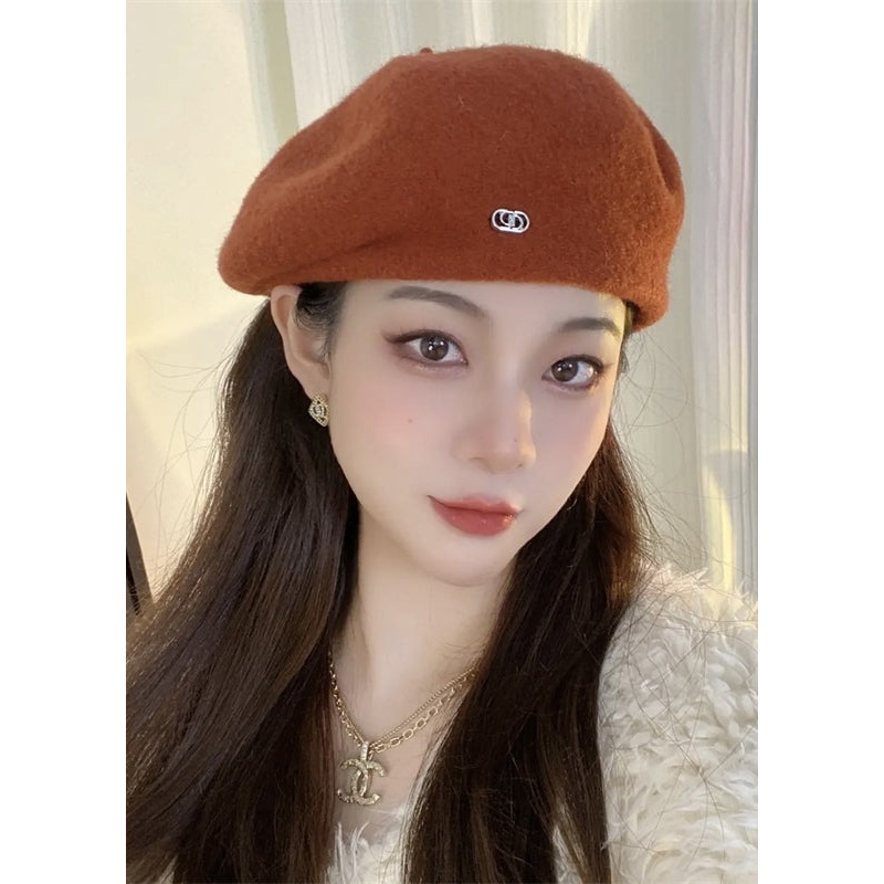 Elegant Rust Letter Patchwork Woolen Beret Hat