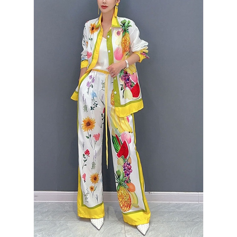 Elegant Yellow Fruit Print Button Shirts And Wide Leg Pants Two Piece Set Fall