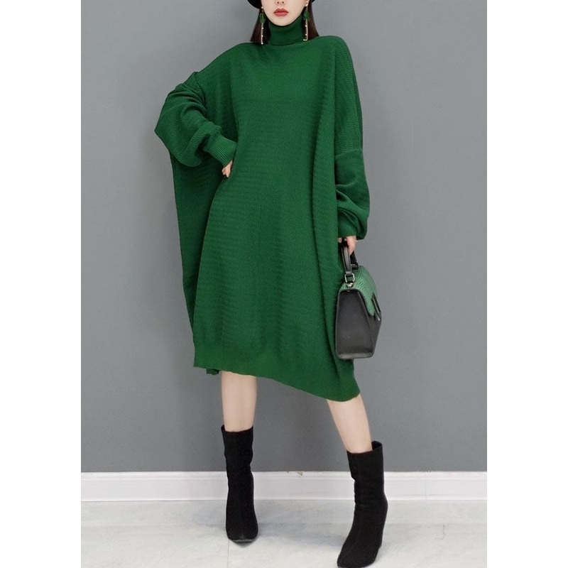 Fashion Green Turtleneck Knitted Sweater Dress Fall
