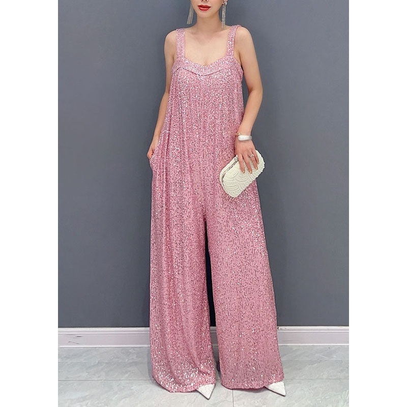 Fashion Pink Slash Neck Sequins Spaghetti Strap Jumpsuit Summer