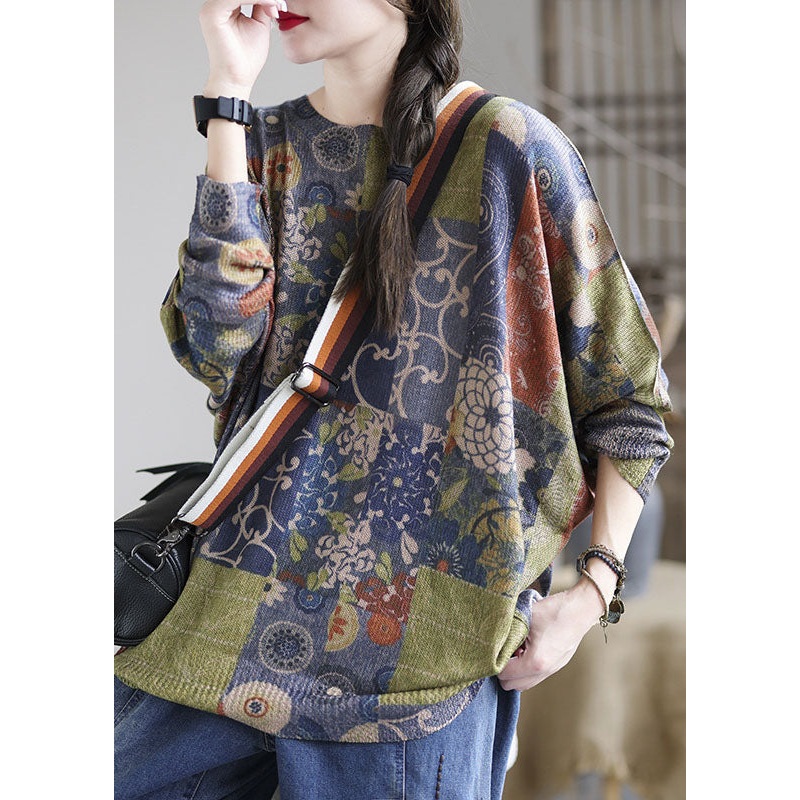 French Blue O-Neck Print Loose Fall Sweater