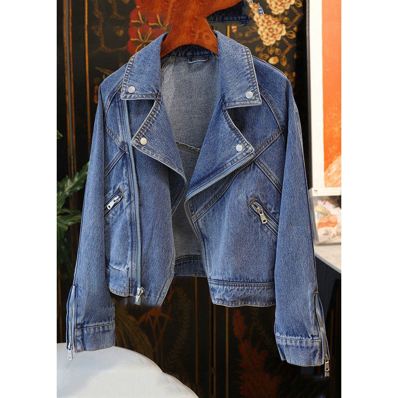 French Blue Peter Pan Collar Zip Up Patchwork Denim Coat Fall