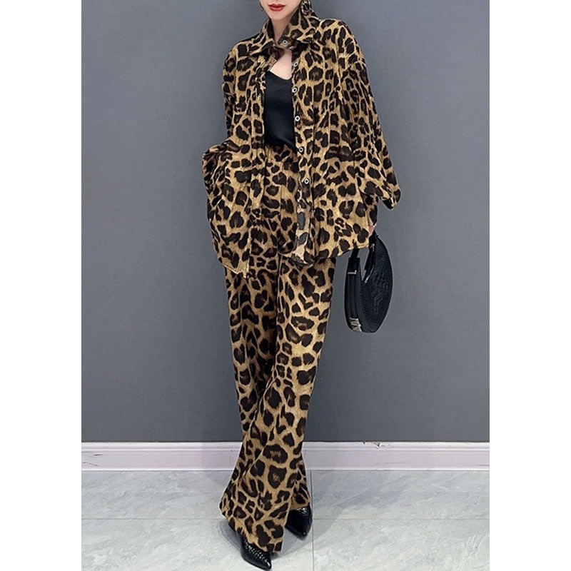 French Leopard Print Peter Pan Collar Shirts And Pants Two Piece Set Long Sleeve