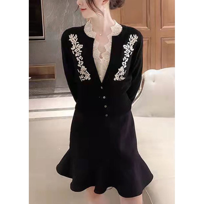 Italian Black Embroideried Button Patchwork Cotton Knit Cardigan Fall