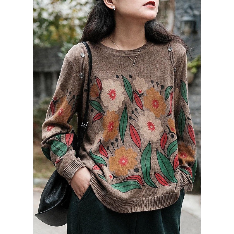Italian Khaki O-Neck Print Button Fall Sweater