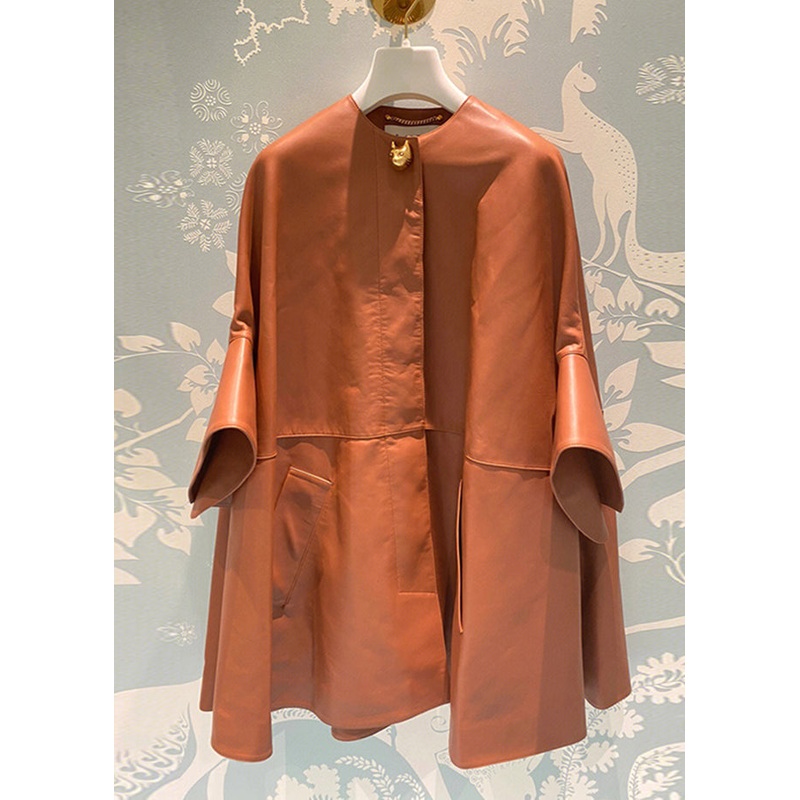 Italian Orange O Neck Pockets Patchwork Faux Leather Coats Fall