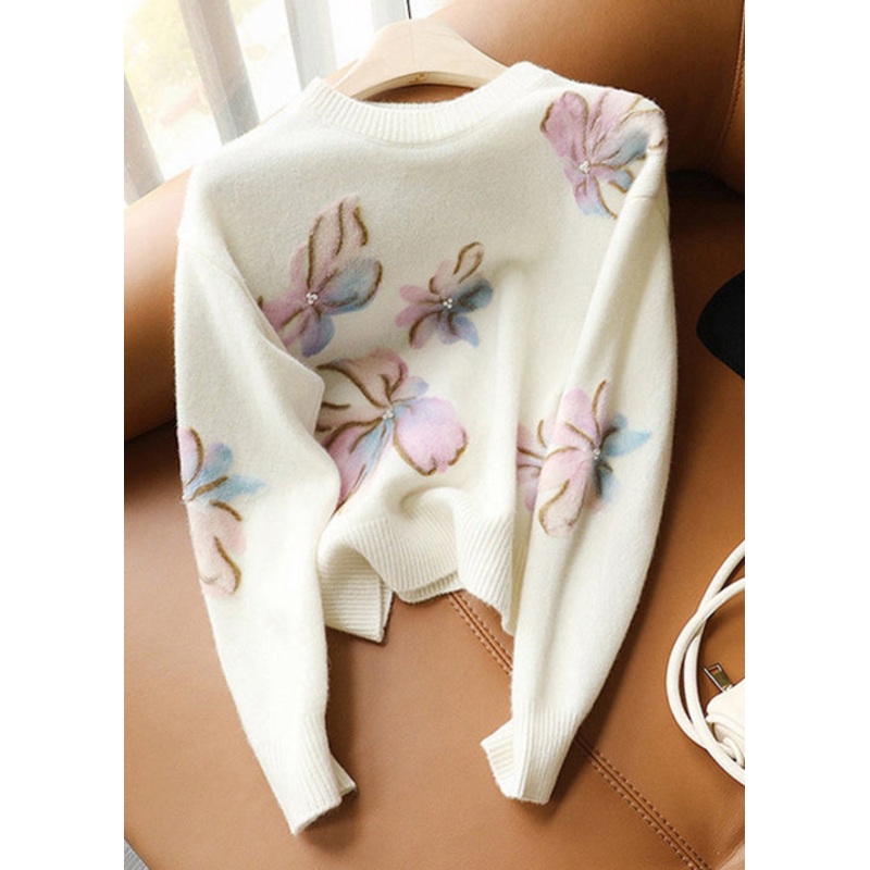 Italian White O Neck Pearl Patchwork Cashmere Sweaters Long Sleeve