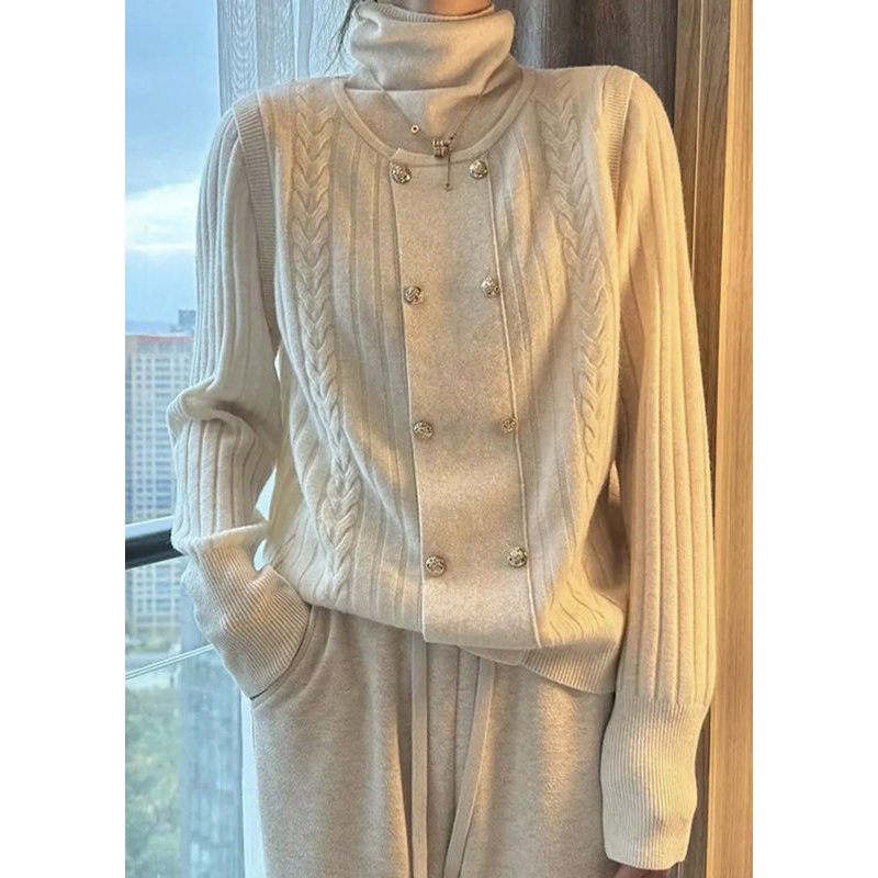 Loose Beige Turtleneck Patchwork False Two Pieces Cotton Cable Knit Top Fall
