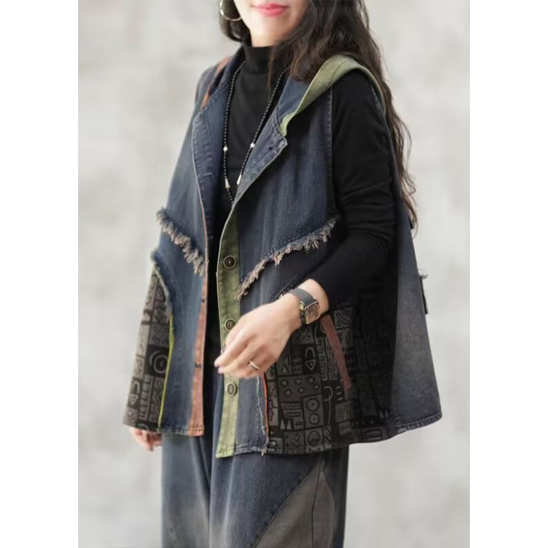 Loose Blue Hooded Button Patchwork Denim Waistcoat Sleeveless