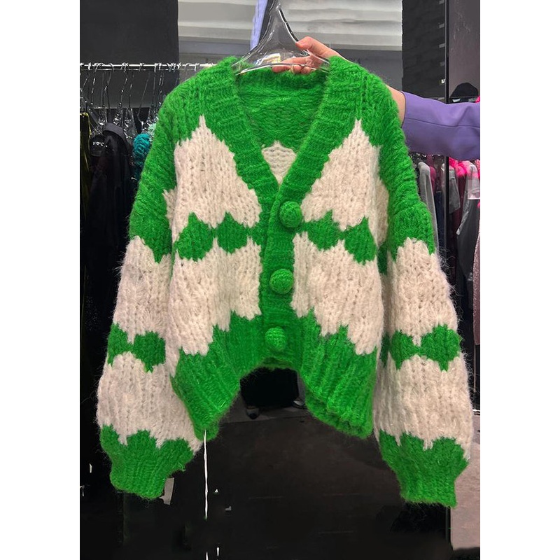 Loose Green V Neck Button Patchwork Cotton Knit Coats Fall