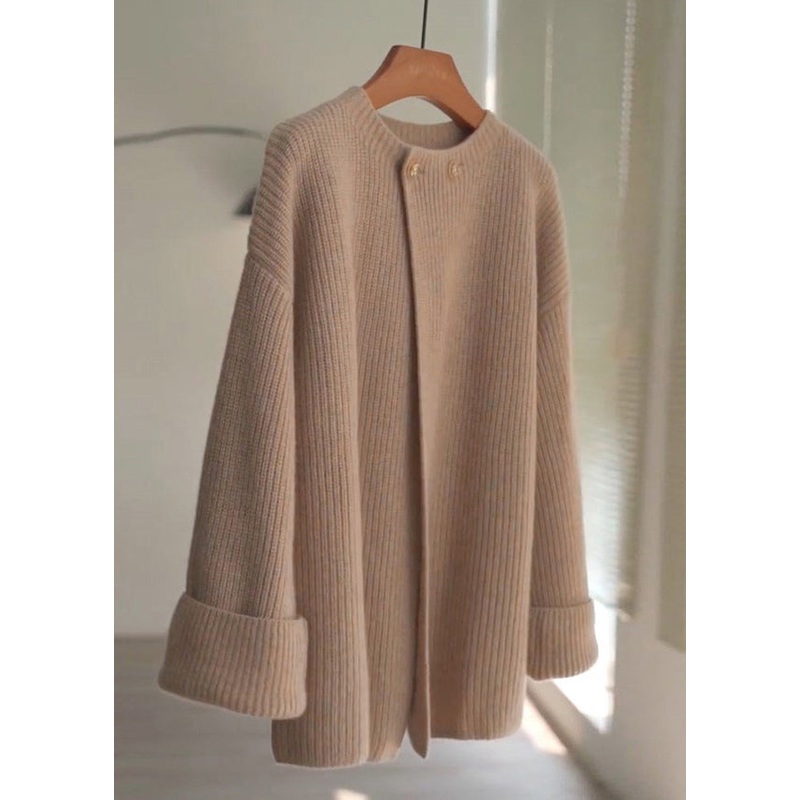Loose Khaki O Neck Button Patchwork Cotton Knit Tops Fall