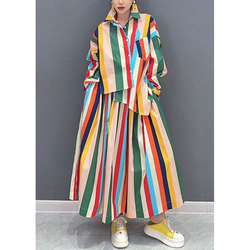 Loose Rainbow Peter Pan Collar Striped Button Shirts And Maxi Skirts Two Piece Set Long Sleeve