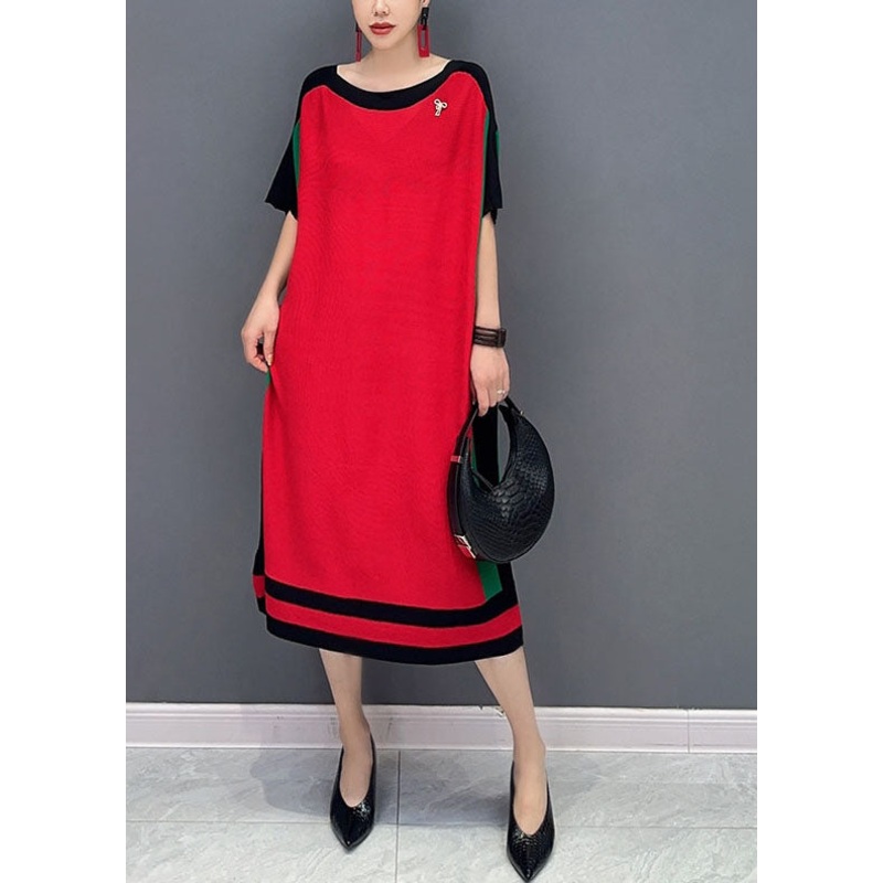 Loose Red O-Neck Knit Sweater Dresses Short Sleeve
