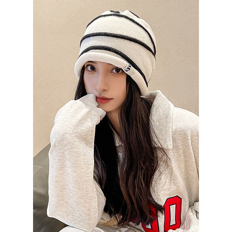 Modern Beige Striped Patchwork Knitted Cotton Bonnie Hat
