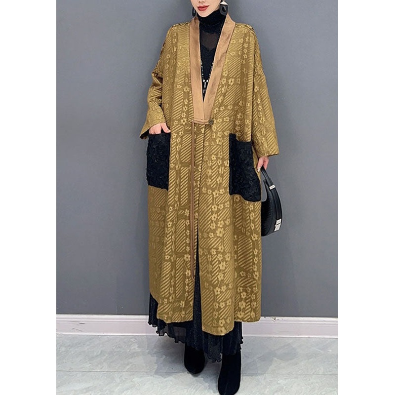 Natural Yellow V Neck Print Pockets Long Trench Coats Long sleeve