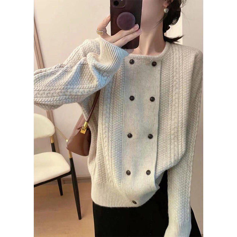 New Beige O Neck Double Breast Cotton Knit Top Fall