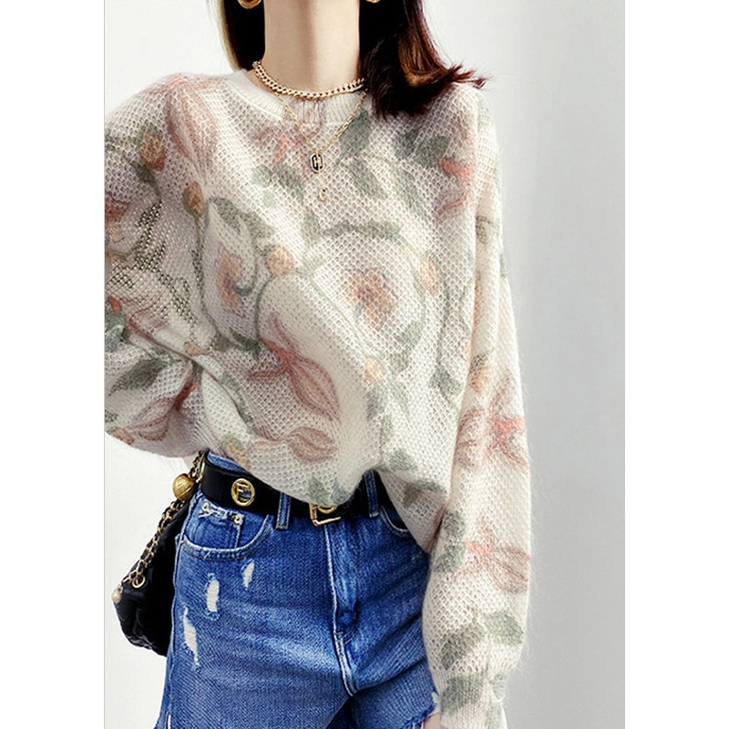 New Beige O Neck Print Patchwork Knit Sweaters Fall