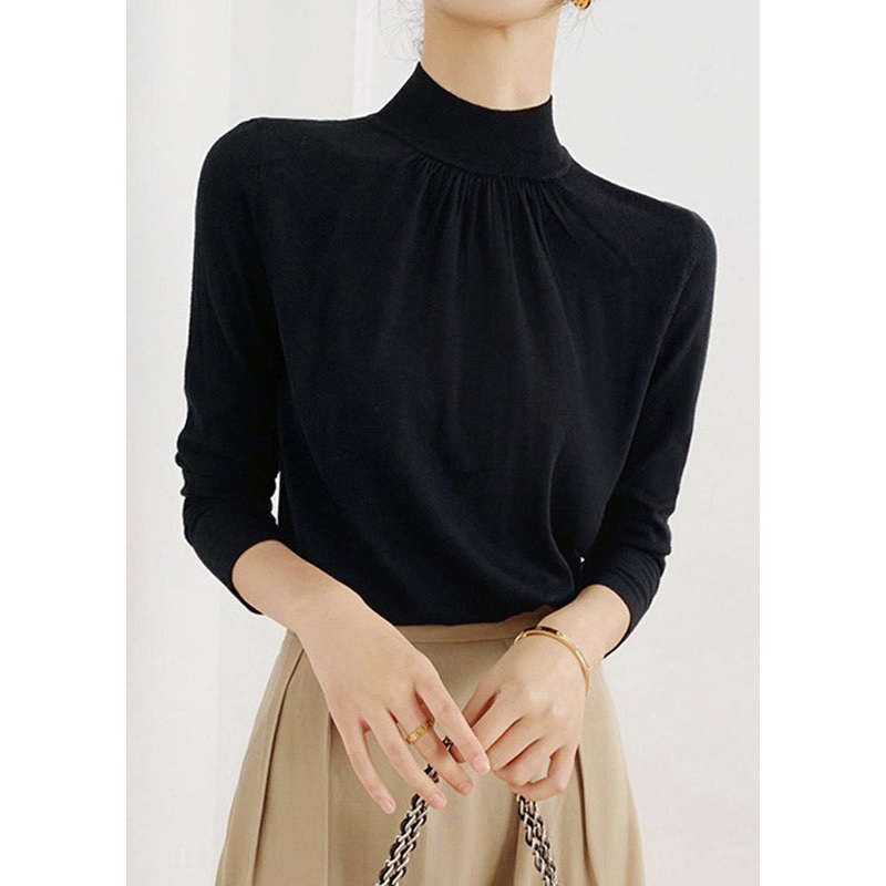 New Black Solid Turtleneck Patchwork Knit Top Fall