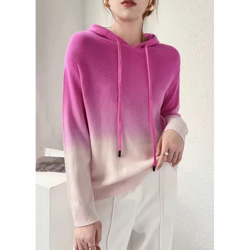 New Rose Gradient Color Hooded Patchwork Wool Knit Sweaters Fall